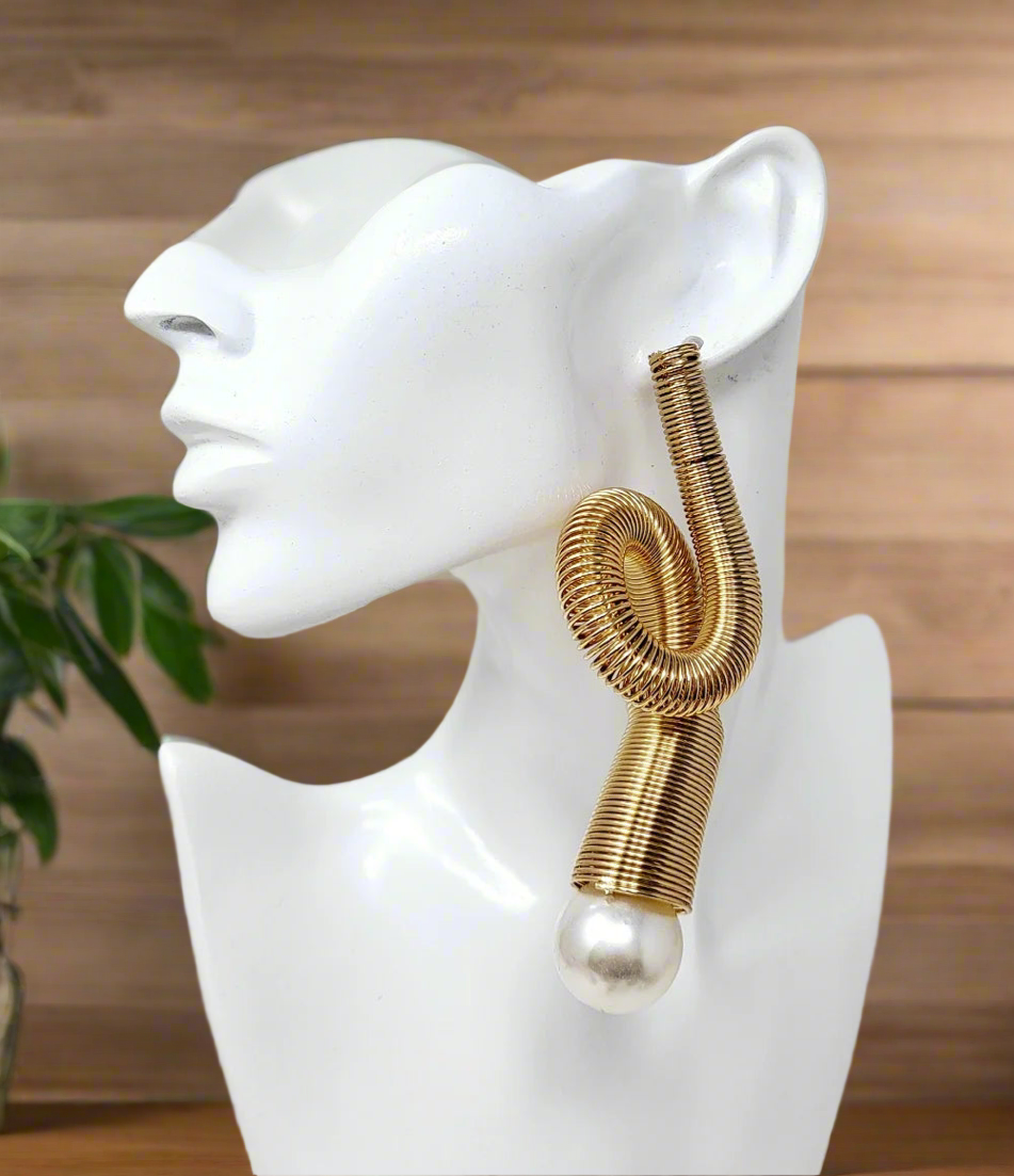 Gold Slinky Spring Pearl Pierced Earrings