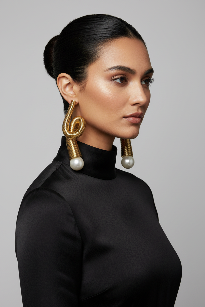 Gold Slinky Spring Pearl Pierced Earrings