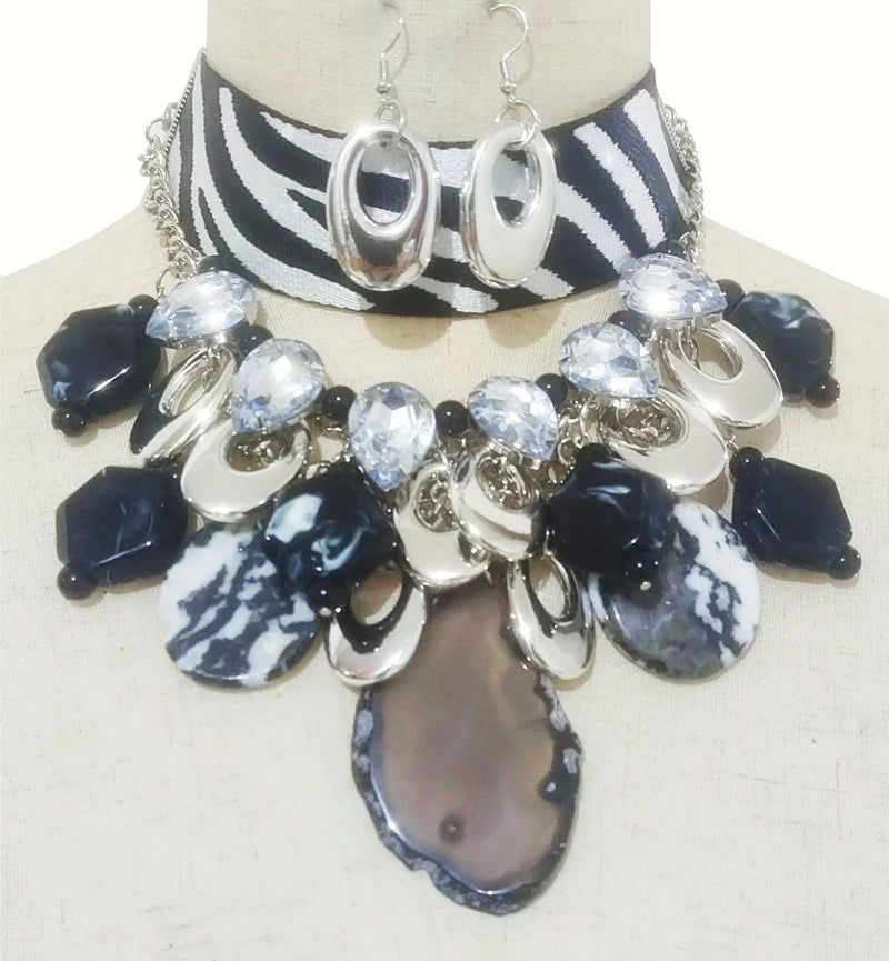 “Madison” Zebra Print Cluster Stone Choker Necklace Set