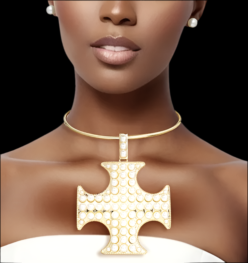 Glamourous Grace: Gold Pearl Cross Pattee Pendant Necklace Set