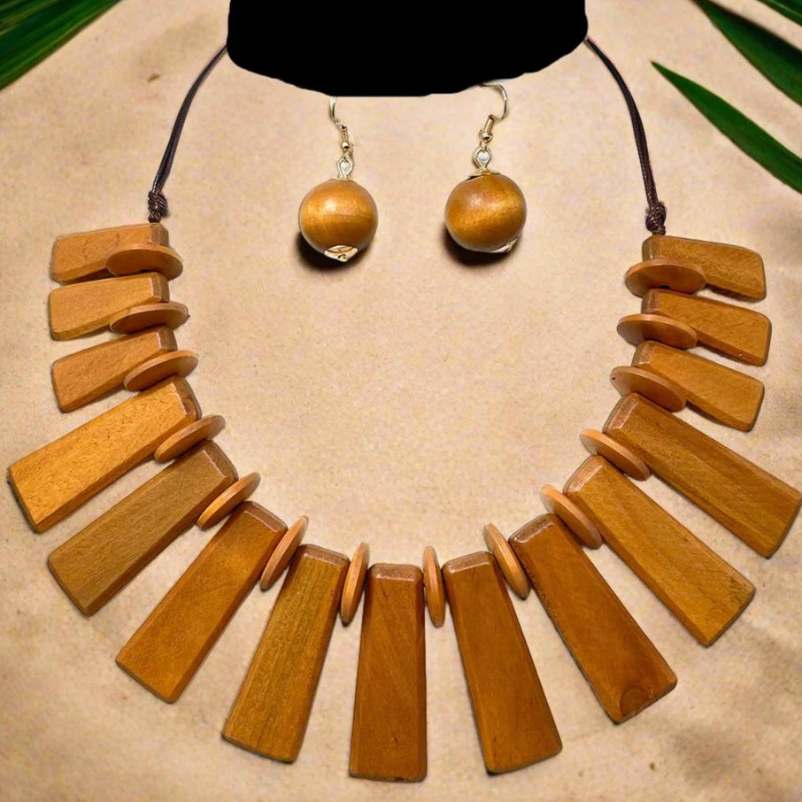 “Amara” Brown Wooden Pendant Bib Necklace Set