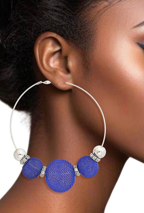 “Royal Blue Radiance” Metal Mesh and Silver Hoop Pierced Earrings
