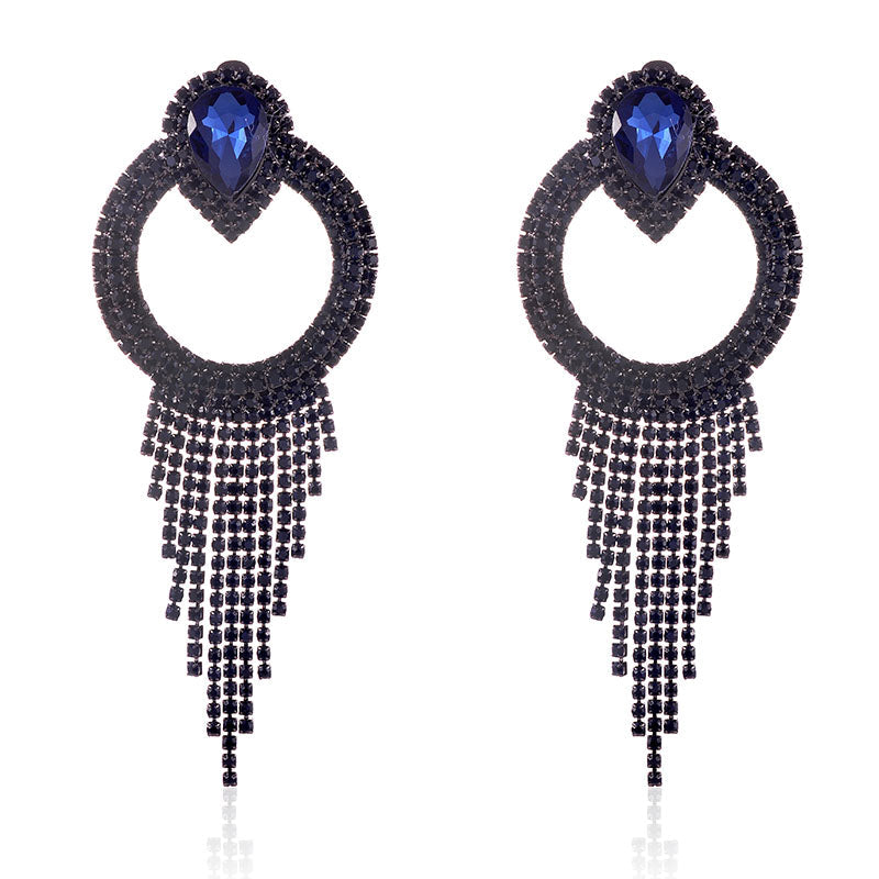 “GLAMOUR GIRL” BLUE RHINESTONE CHAIN TASSEL CLIP ON EARRINGS
