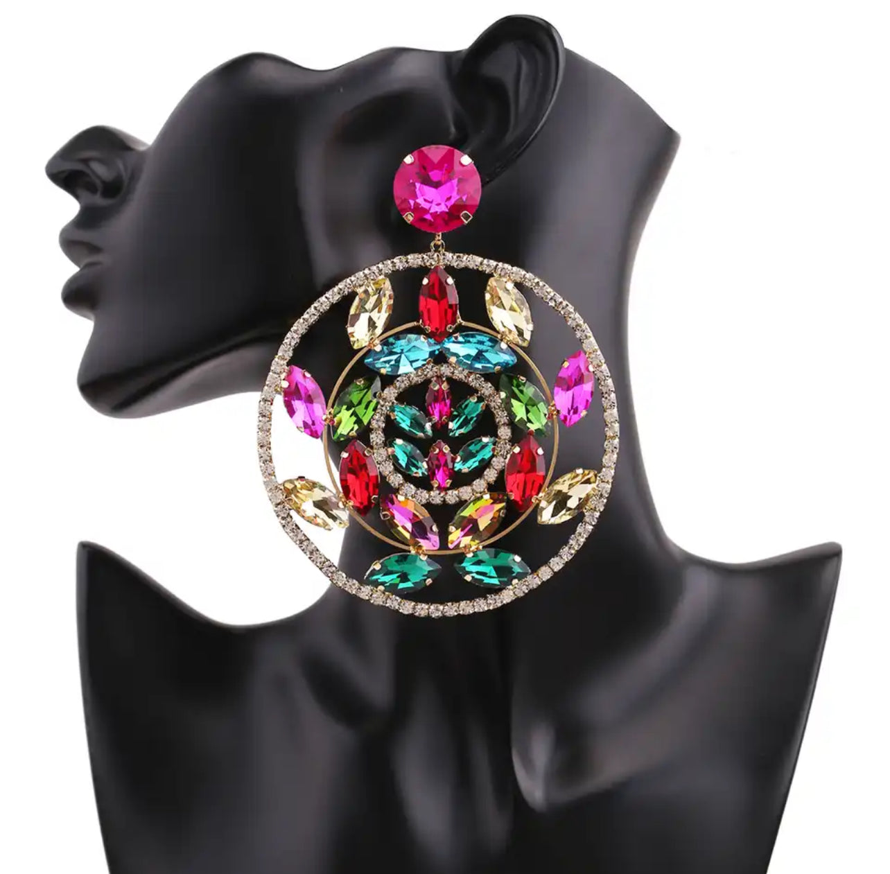 “Shay” Multicolor Gold Crystal Rhinestone Statement Pierced Earrings