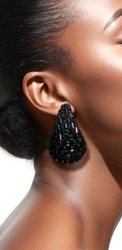 “Midnight Flare” Black Bottega Veneta Dupe Embellished Teardrop Pierced Earrings