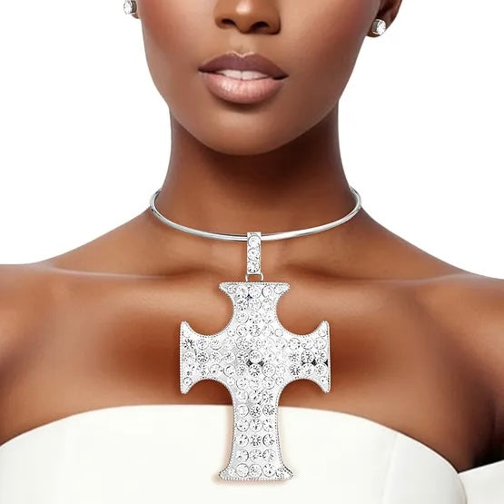 Radiant Rebellion: Silver Power Pave Cross Pendant Necklace Set
