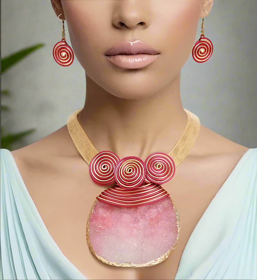 “Enchanting Rose” Pink Druzy Stone Wire Tribal Necklace Set