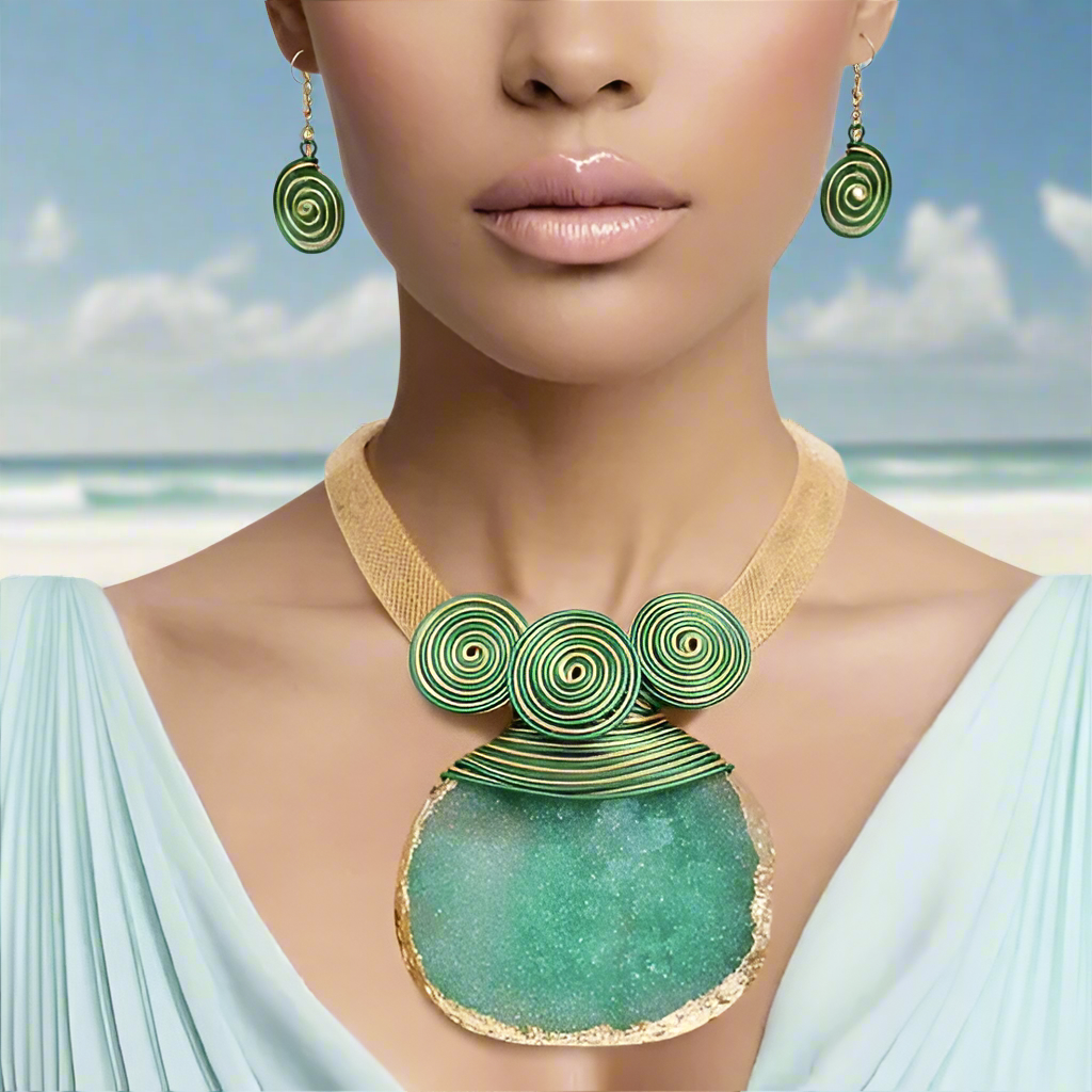 “Emerald Enchantment” Green Druzy Stone Wire Tribal Necklace Set