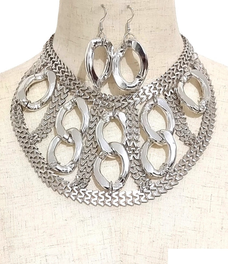 Silver Mixed Chain Link Bib Statement Necklace Set