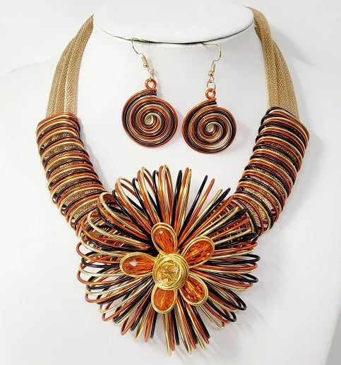 “CARMEN” GOLD ORANGE AND BLACK METAL WIRE COIL FLOWER DESIGN NECKLACE SET