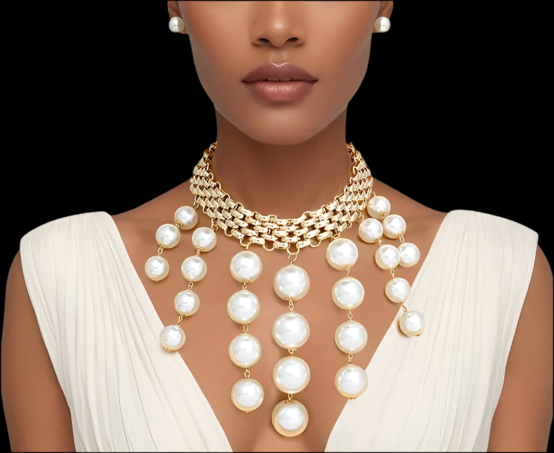 “Gilded Grace” Modern Gold Woven Chain Pearl Choker Necklace Set