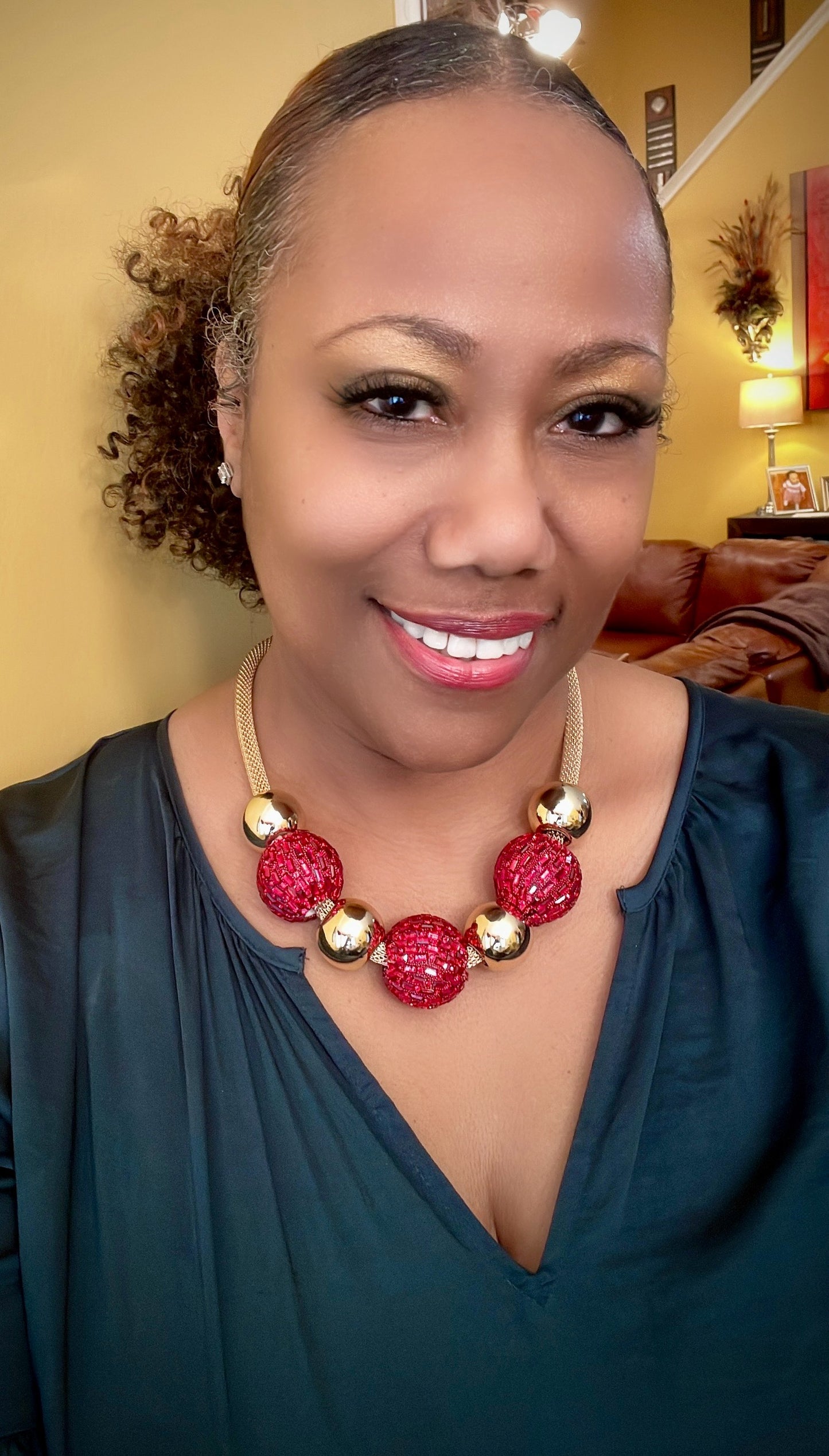 “NEENA” CHUNKY RED AND GOLD MESH WRAPPED STONES AND BALL NECKLACE