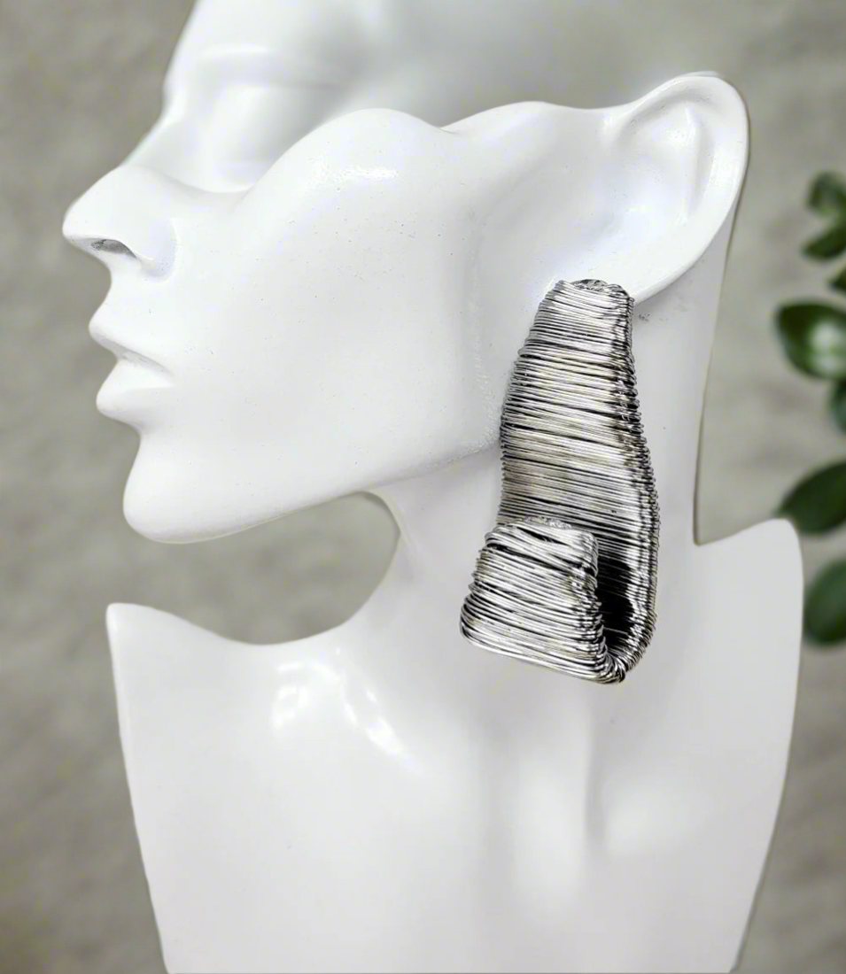 Silver Wavy Wired Statement Pierced Earrings