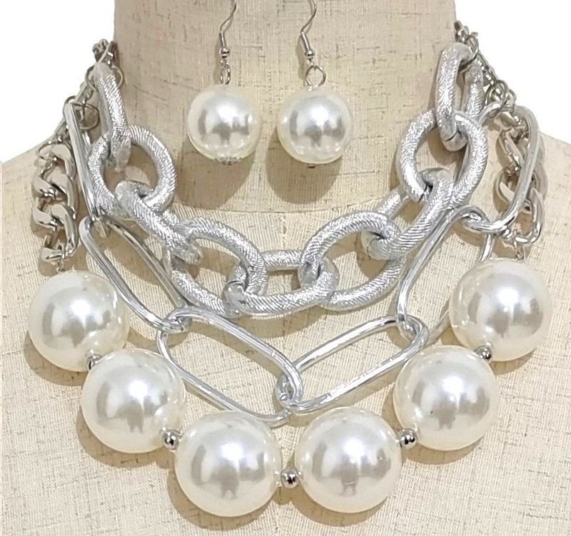 Chunky White Pearl Silver Layered Chain Necklace Set