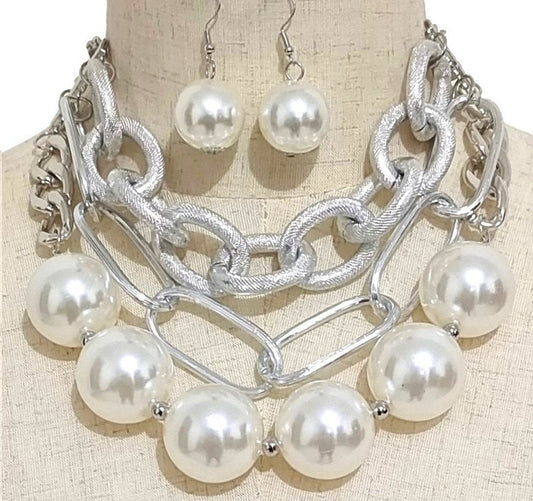 Chunky White Pearl Silver Layered Chain Necklace Set