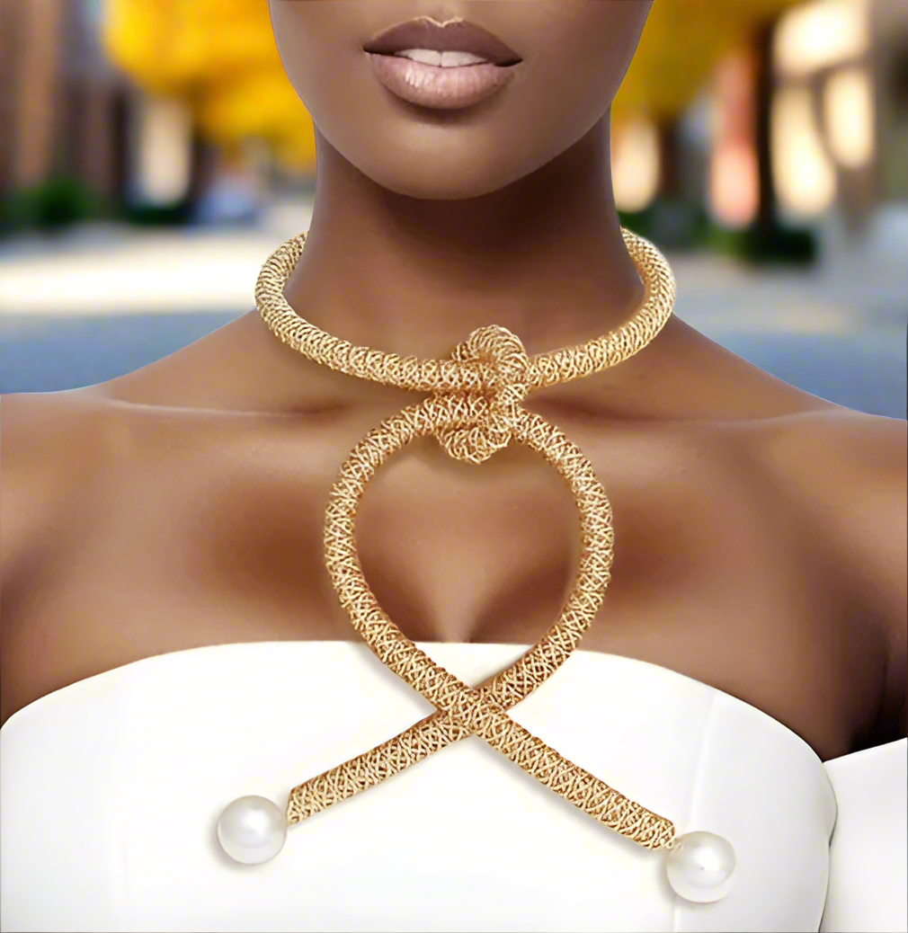 Glam Goddess: Gold Braided Wire Loop Pearl Pendant Necklace Set