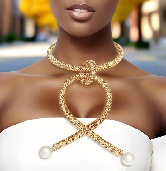 Glam Goddess: Gold Braided Wire Loop Pearl Pendant Necklace Set