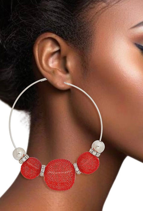 “Red Radiance” Metal Mesh and Silver Hoop Pierced Earrings