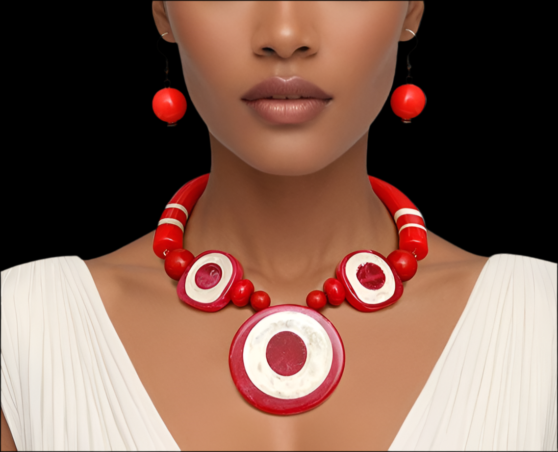 “Fiery Essence” Red Tribal Horn Necklace Set