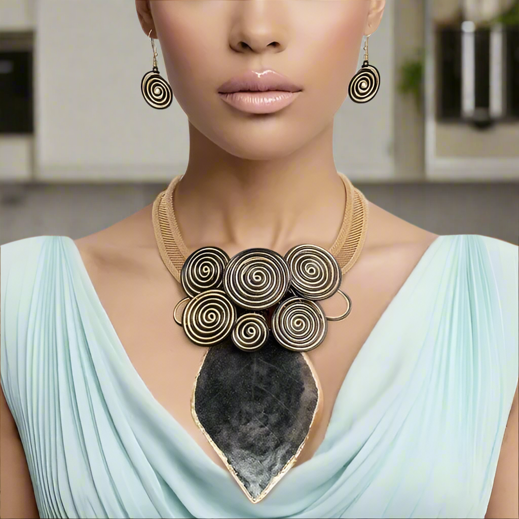 “Ebony Elegance” Black Resin Leaf Wire Tribal Pendant Necklace Set