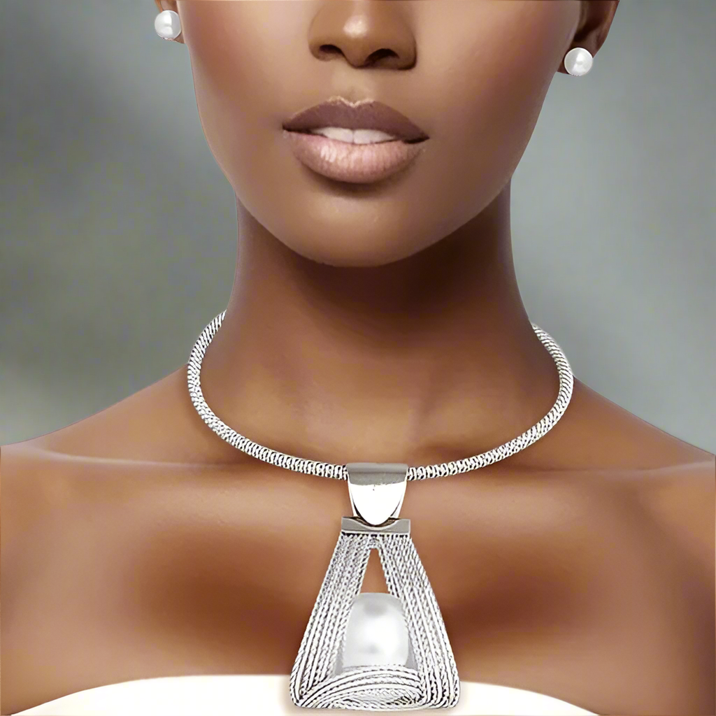 Enchantress: Silver Triangle Pearl Basket Pendant Necklace Set