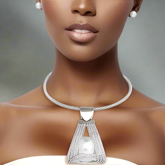 Enchantress: Silver Triangle Pearl Basket Pendant Necklace Set