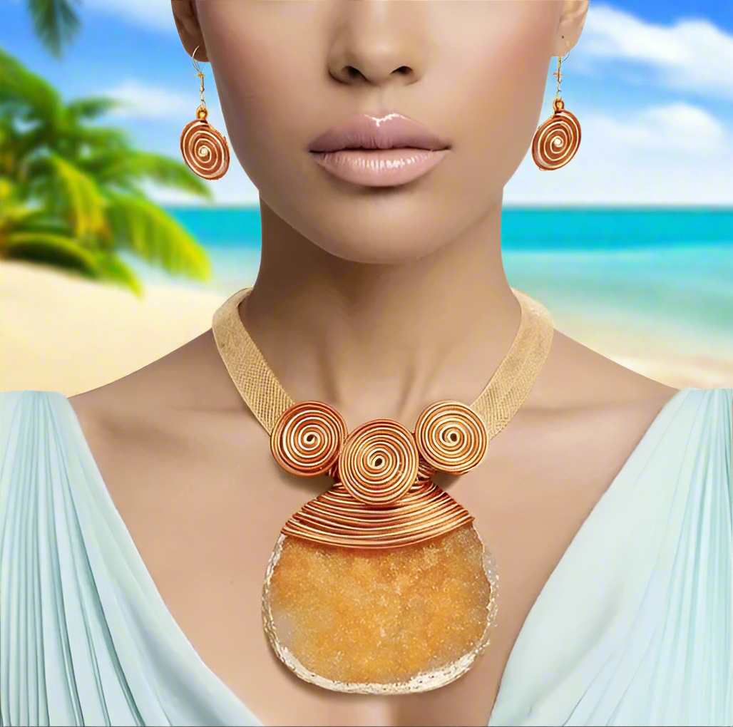 “Saffron Sunset” Orange Druzy Stone Wire Tribal Necklace Set