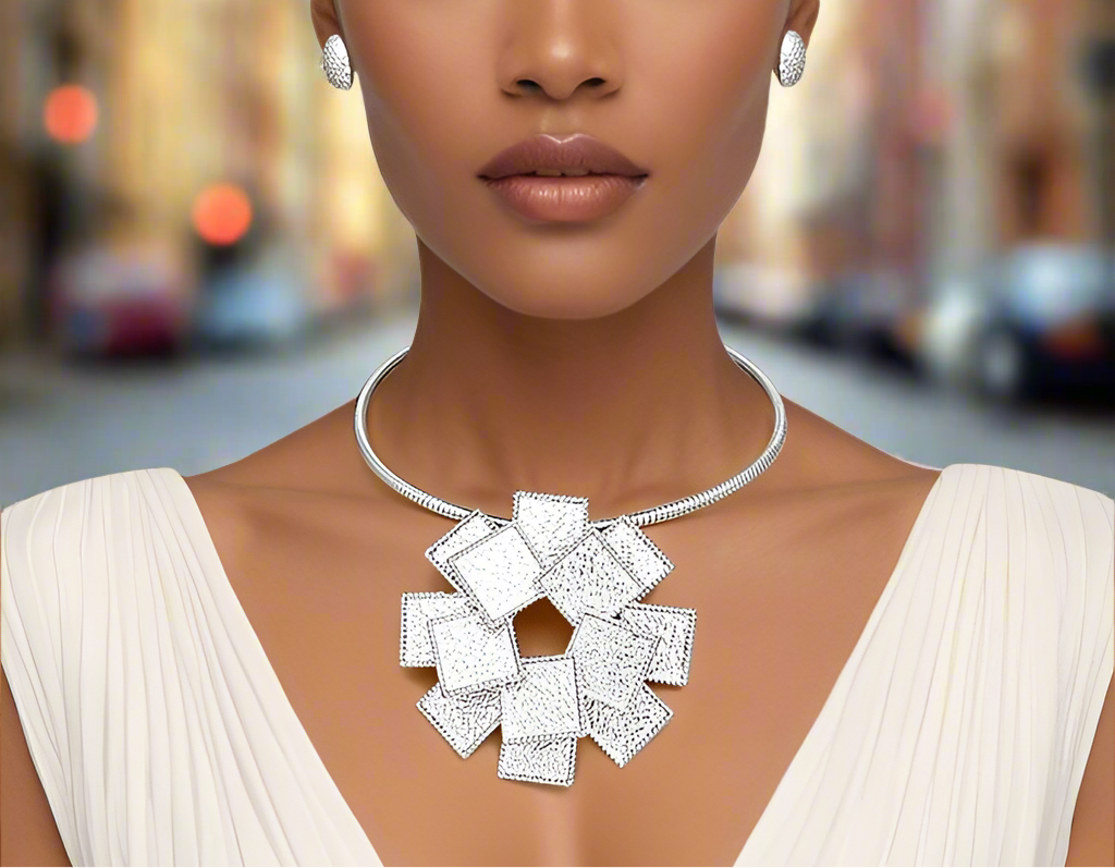 “Sparkle Girl” Silver Stacked Metal Squares Pendant Necklace Set