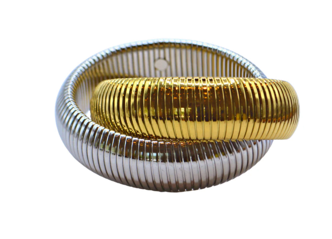 “Cobra” Two-Tone Silver and Gold Twisted Omega Stretch Bracelet