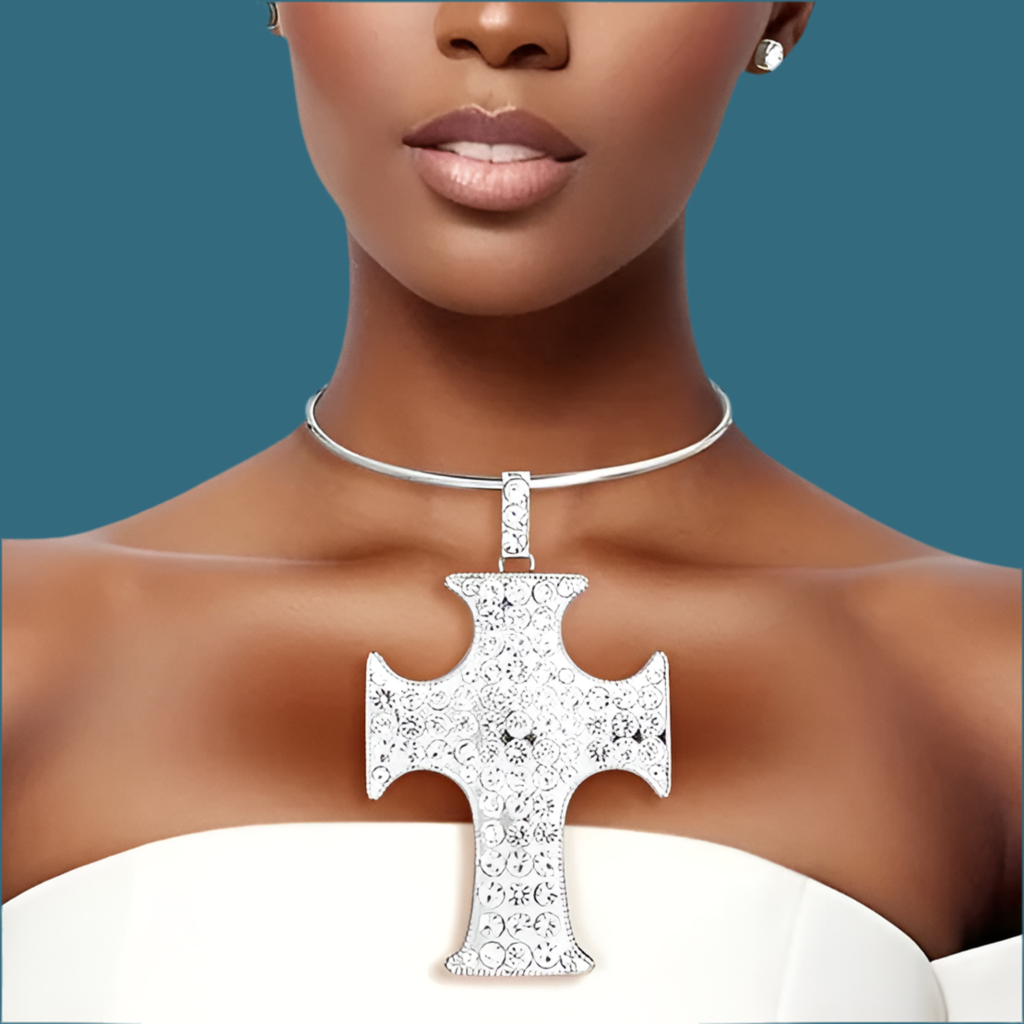 Radiant Rebellion: Silver Power Pave Cross Pendant Necklace Set