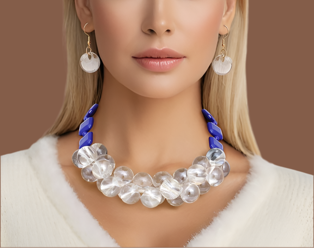 “The Bubble Queen” Blue Bubble Square Bead Necklace Set
