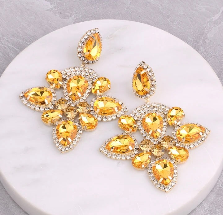 “Ashli” Yellow Gold Crystal Rhinestone Statement Pierced Earrings