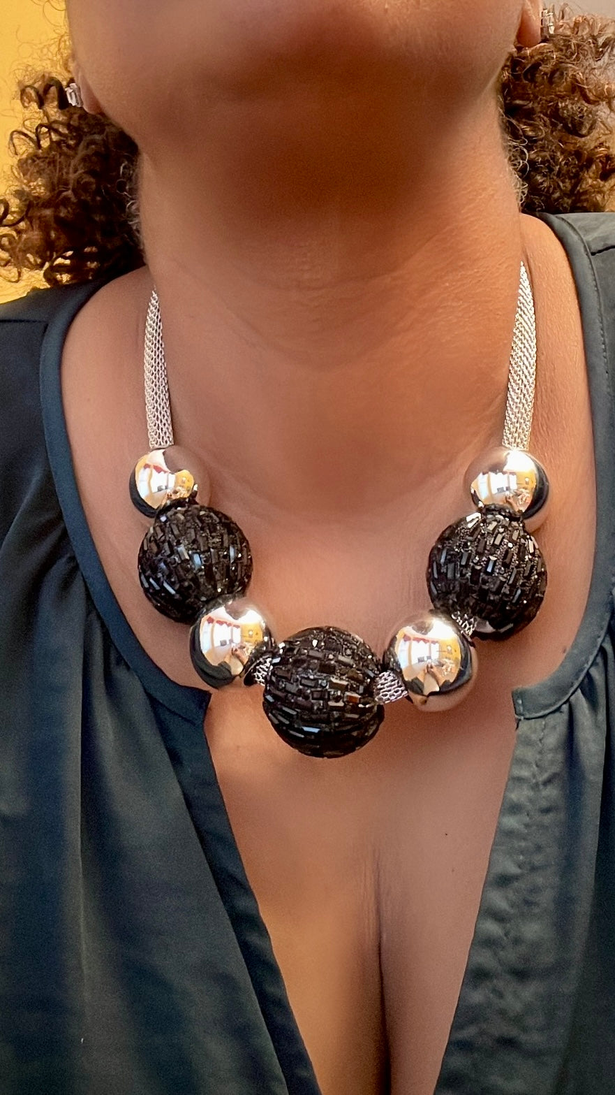 “NEENA” CHUNKY BLACK AND SILVER MESH WRAPPED STONES AND BALL NECKLACE