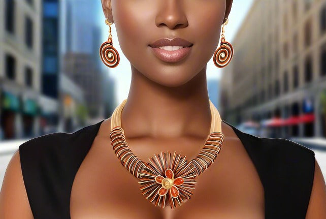 “CARMEN” GOLD ORANGE AND BLACK METAL WIRE COIL FLOWER DESIGN NECKLACE SET