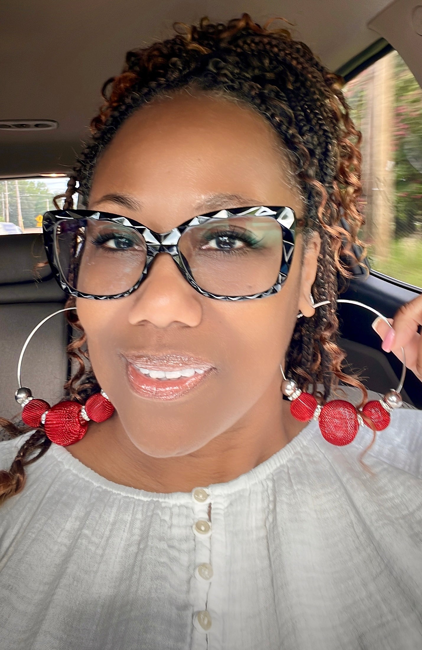 “Red Radiance” Metal Mesh and Silver Hoop Pierced Earrings