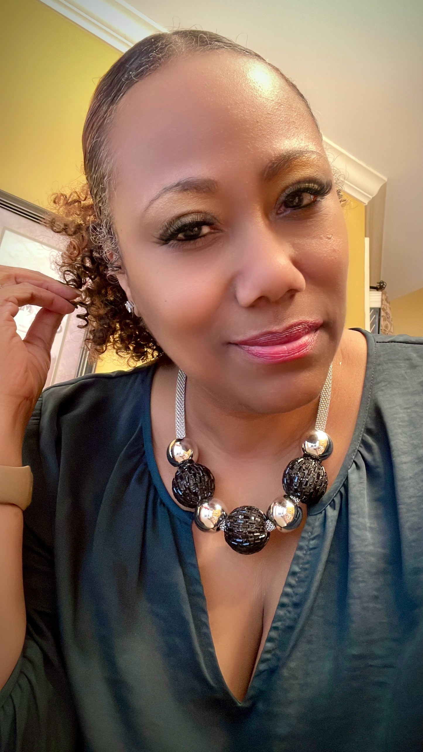 “NEENA” CHUNKY BLACK AND SILVER MESH WRAPPED STONES AND BALL NECKLACE