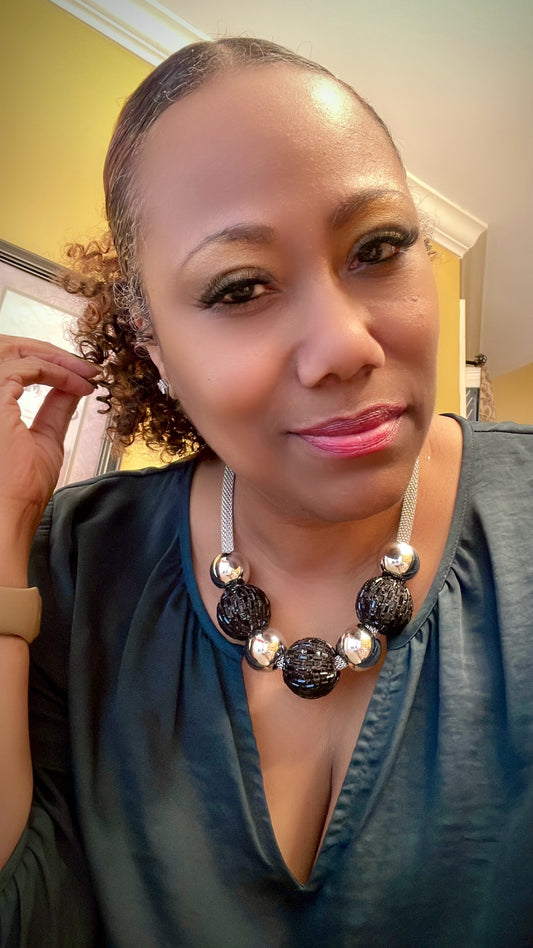 “NEENA” CHUNKY BLACK AND SILVER MESH WRAPPED STONES AND BALL NECKLACE