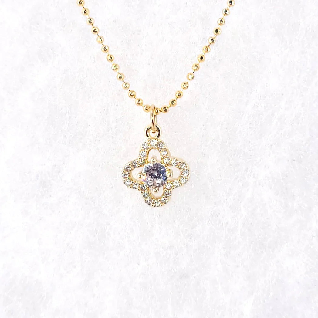 GOLD OPEN PAVE CLOVER NECKLACE WITH CUBIC ZIRCONIA STONES