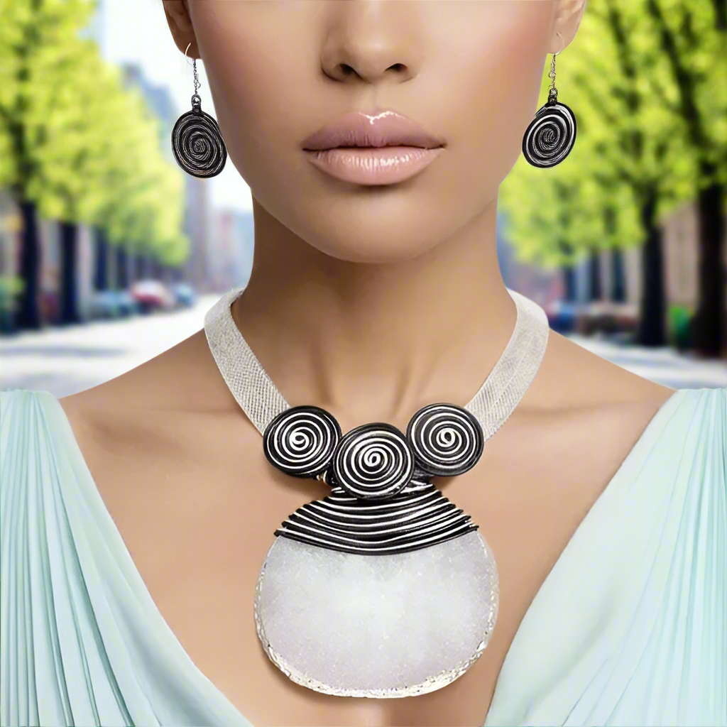 “Majestic Moon” White Druzy Stone Wire Tribal Necklace Set