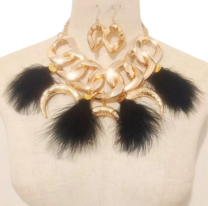 “One of a Kind” Gold Chunky Chain w/Black Feathered Fur Pendants Necklace Set