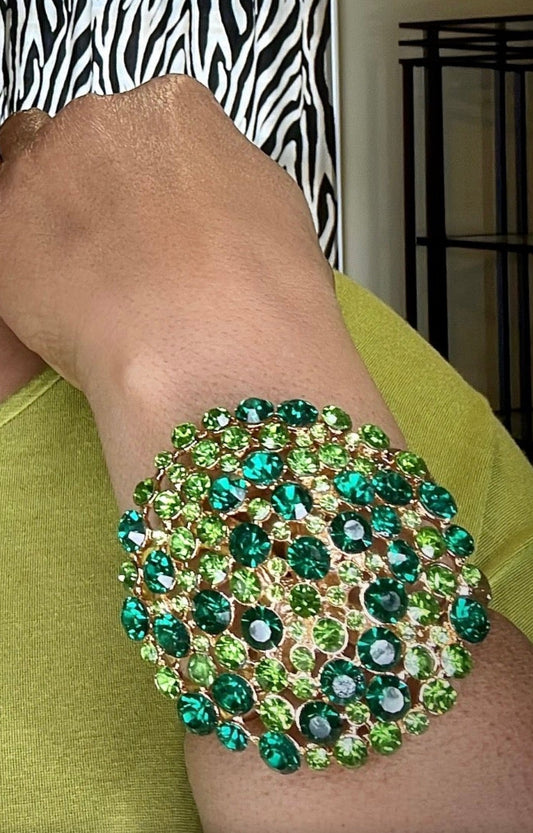 “Delilah” Chunky Green Stone Rhinestone Dome Cluster Cuff Gold Bracelet