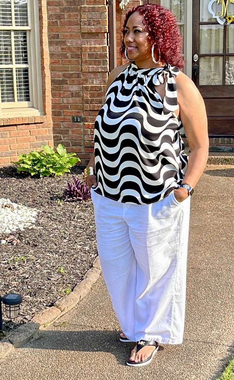 “Lana” Black and White Wave Print Tie Knot Neck Sleeveless Sleeveless Top Size 3XL