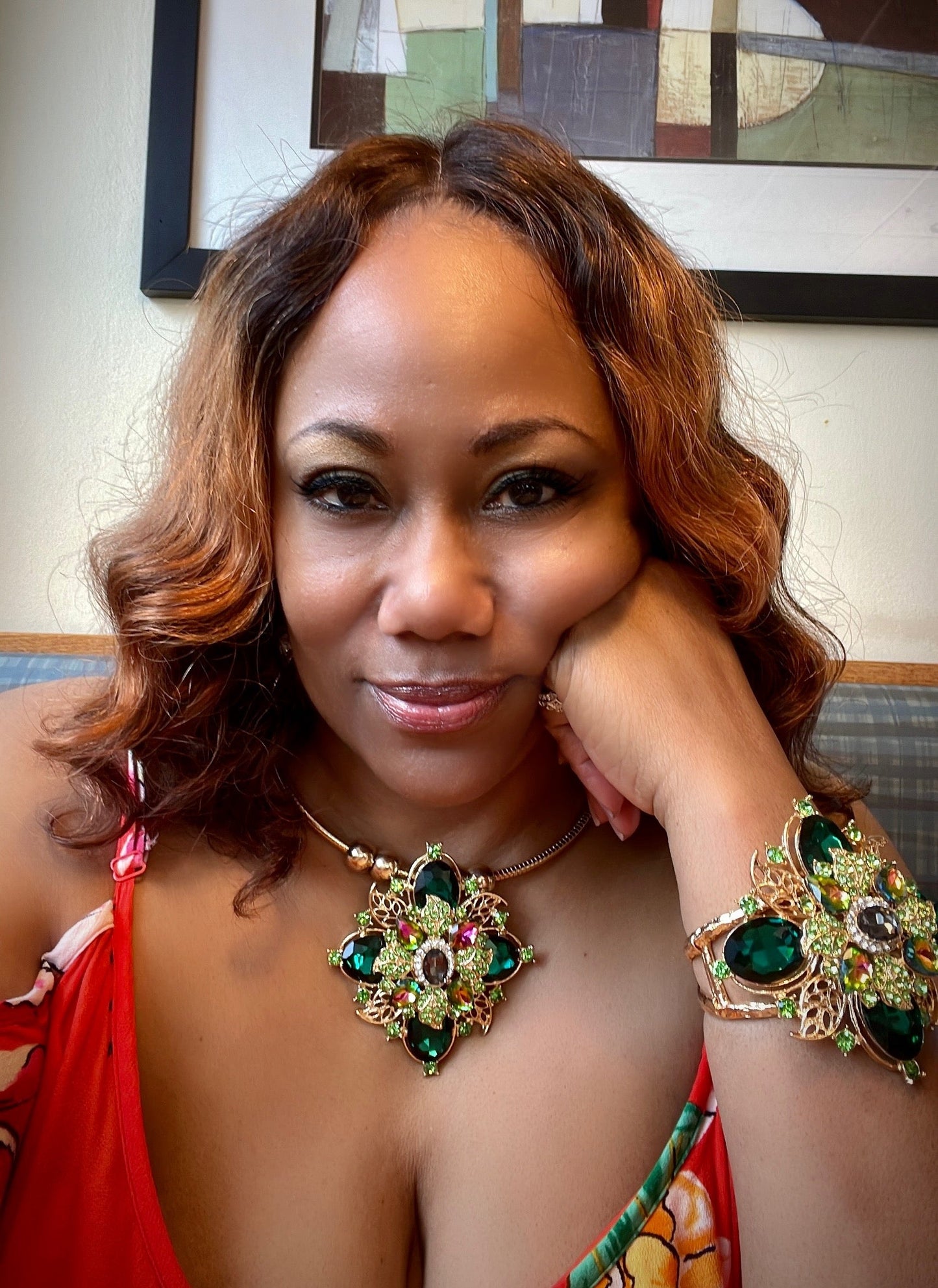 “Genevieve” Green Filigree Crystal Flower Cuff Bracelet