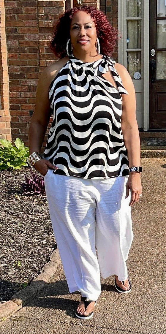 “Lana” Black and White Wave Print Tie Knot Neck Sleeveless Sleeveless Top Size 3XL