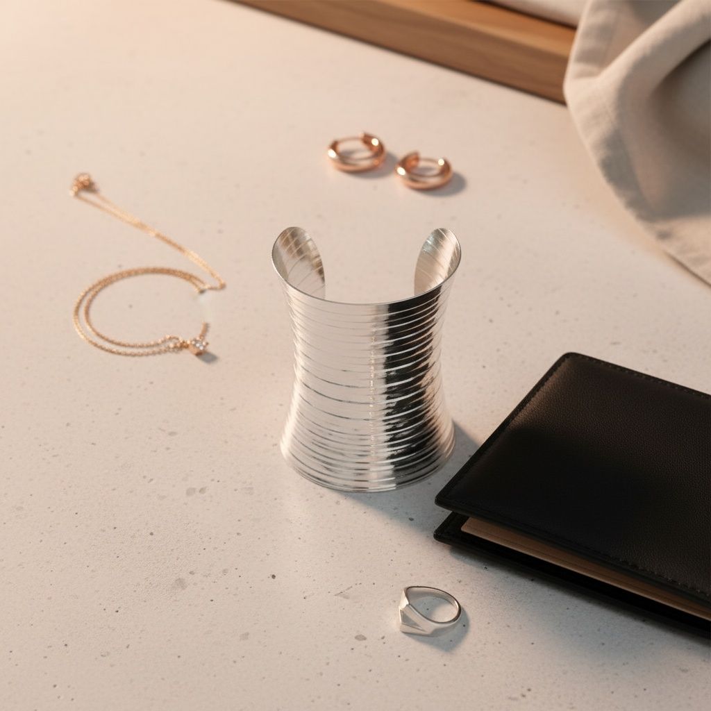 Long Cuff Silver Metal Stripe Embossed Bracelet