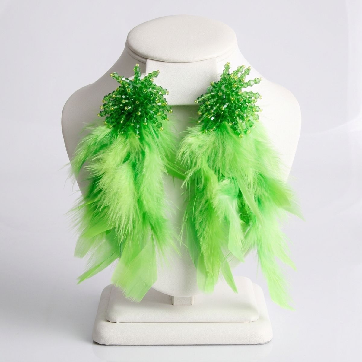Green Beaded Cluster Long Feather Drop Earrings