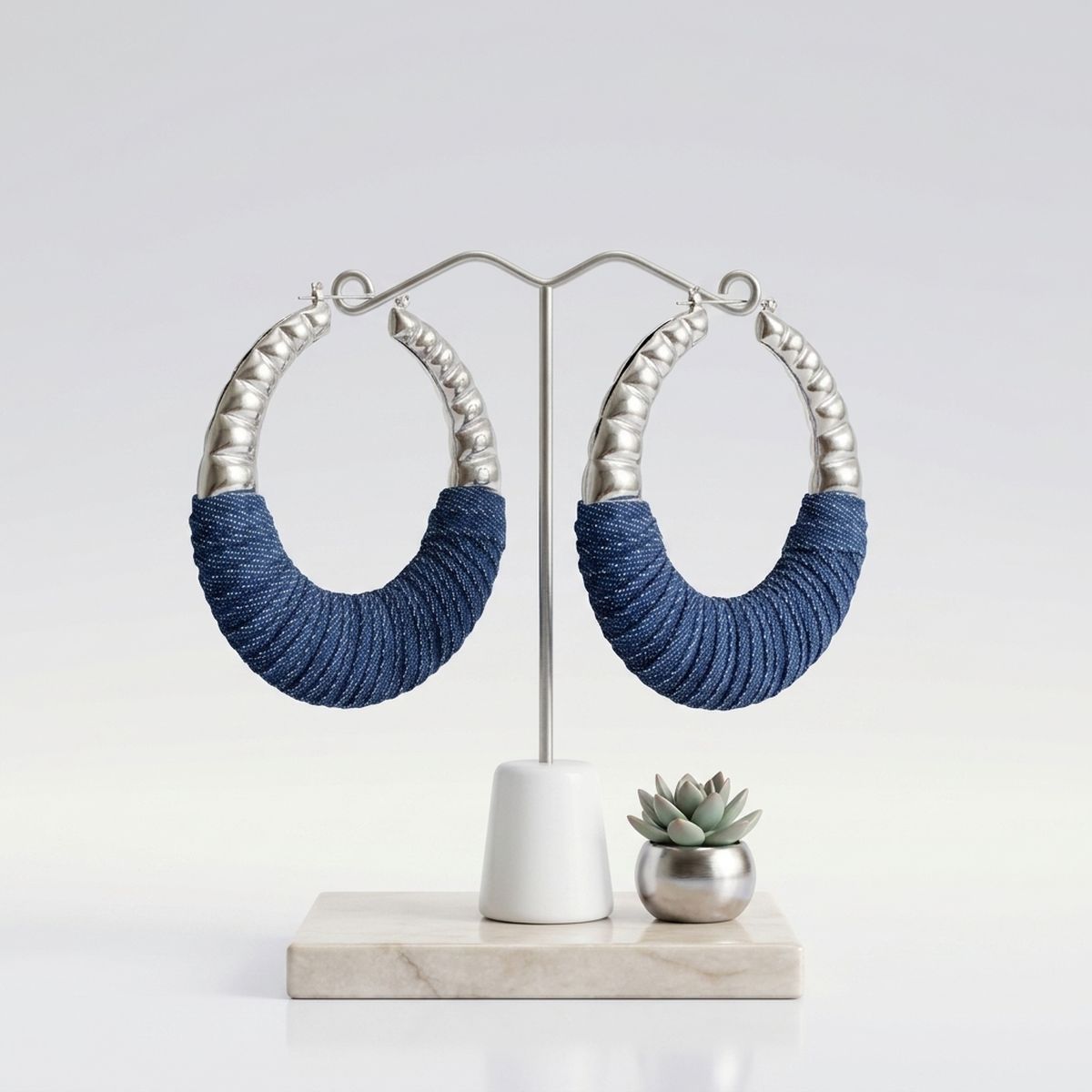 Hoop Denim Wrapped Thick Silver Bubble Earrings