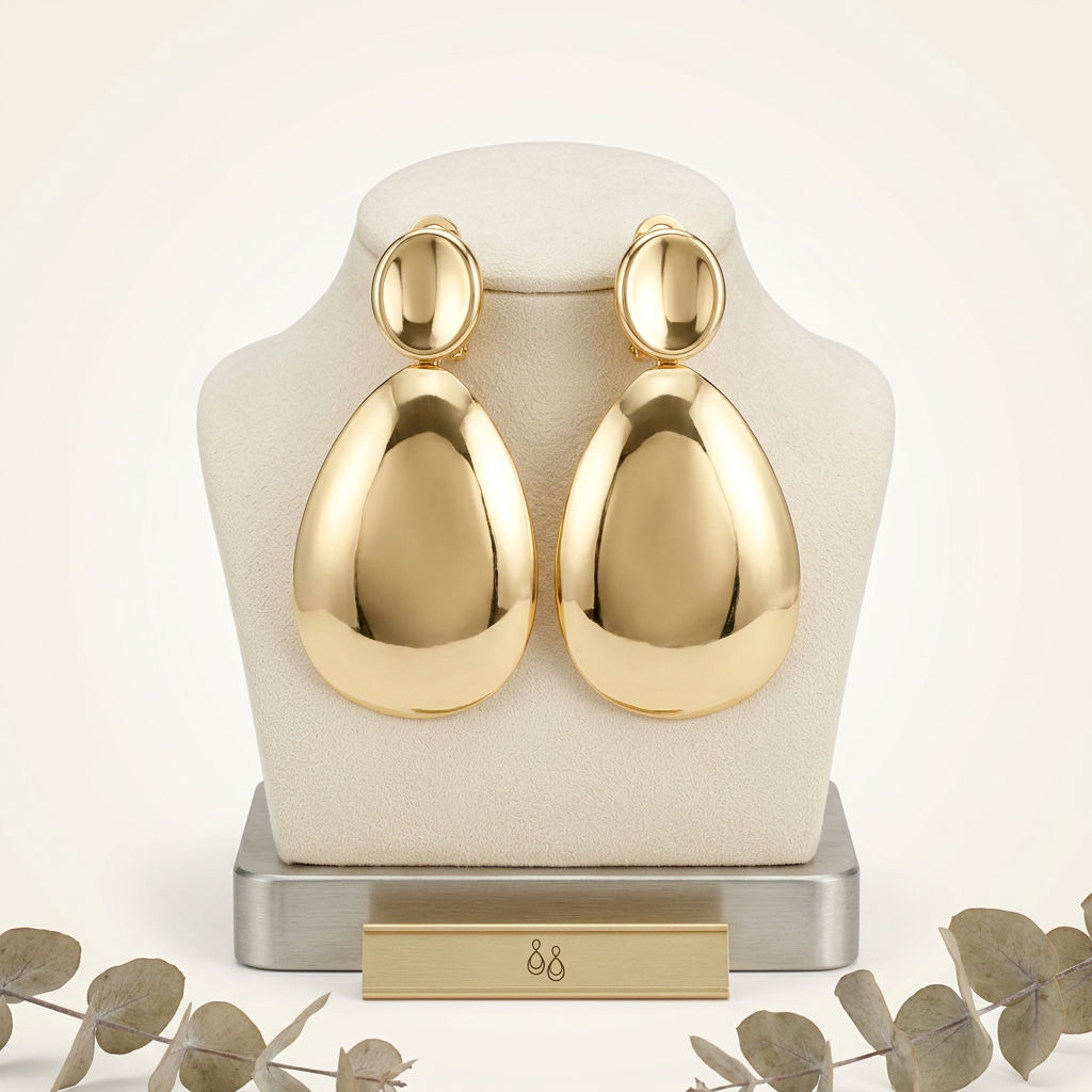 Clip On XL Gold Polished Curved Oval Drop Earrings