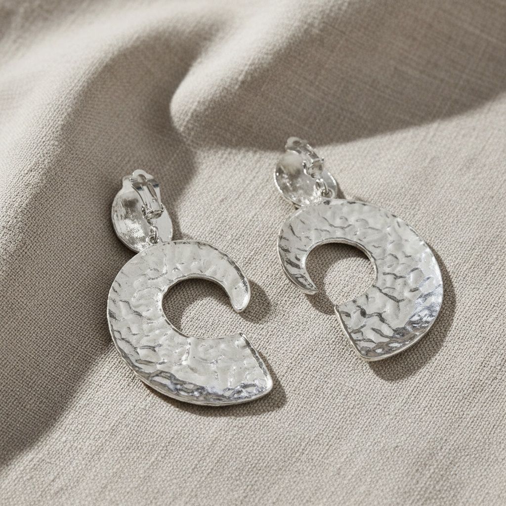 Clip On Silver Melted Metal Open C Large Earrings