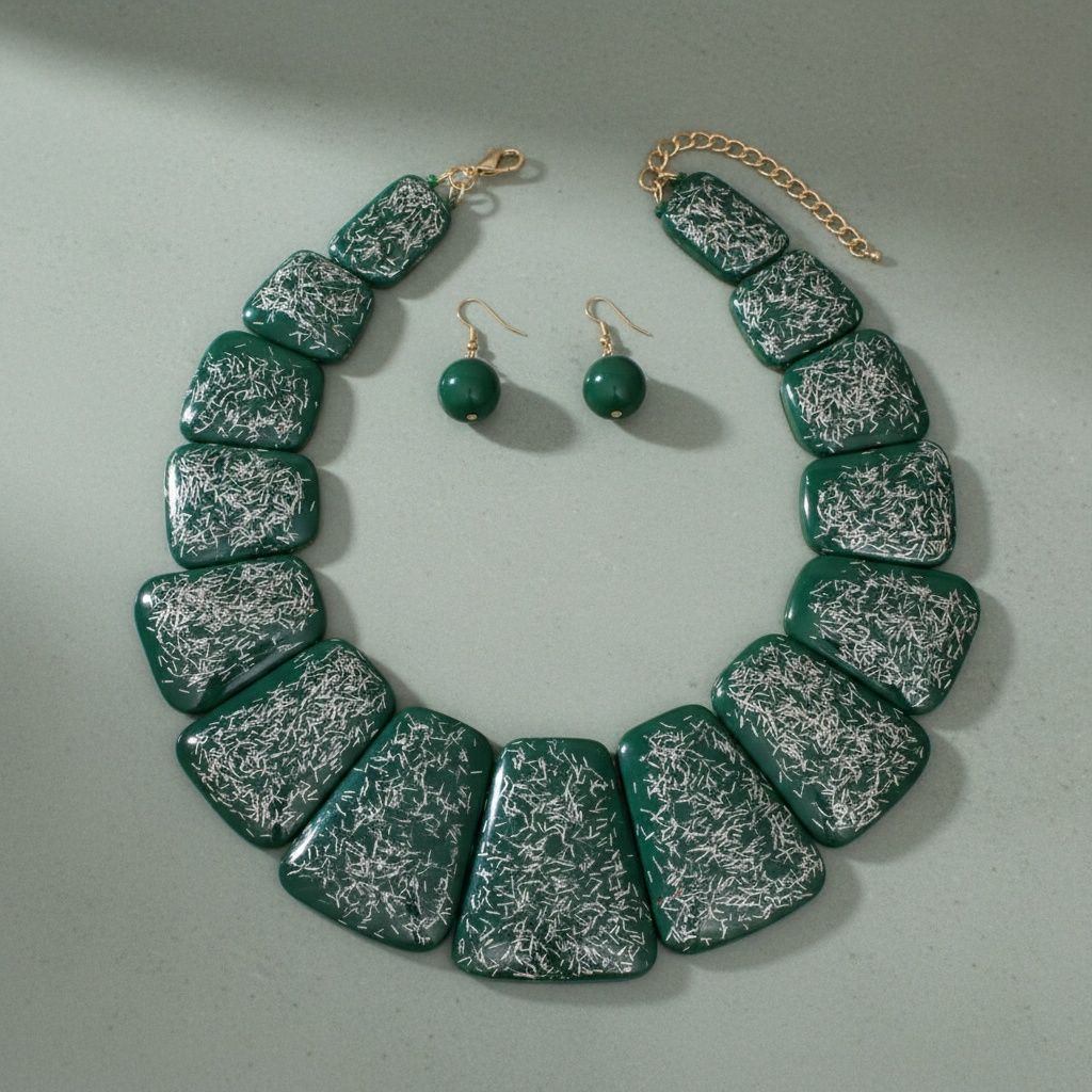 Bib Green Resin and Silver Confetti Large Necklace